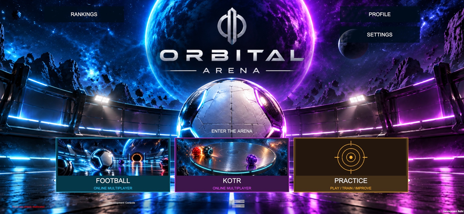 Orbital Arena game menu showing Football, KOTR and Practice modes